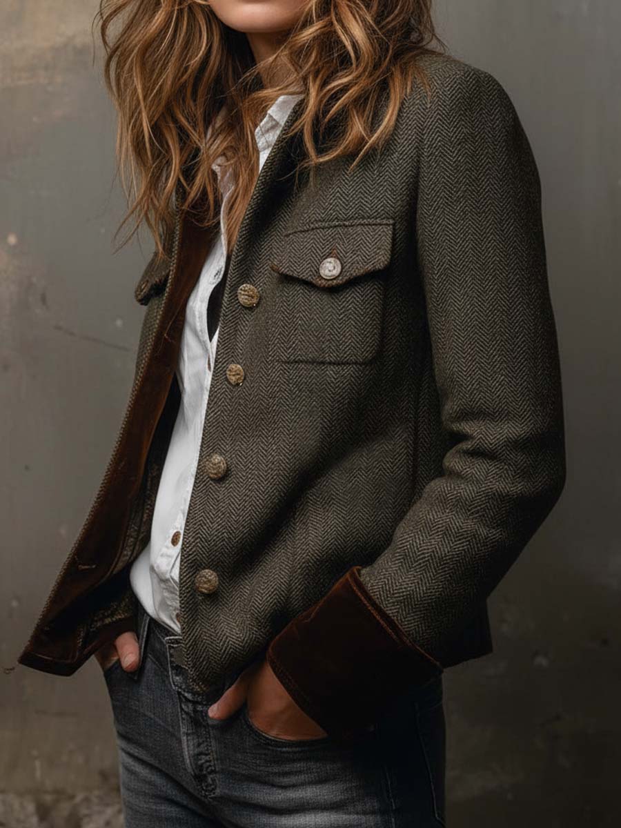 Honorine | Blazer vintage chevron con ribetes en contraste