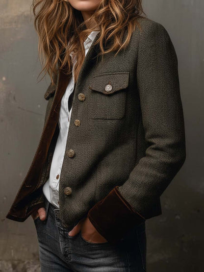 Honorine | Blazer vintage chevron con ribetes en contraste