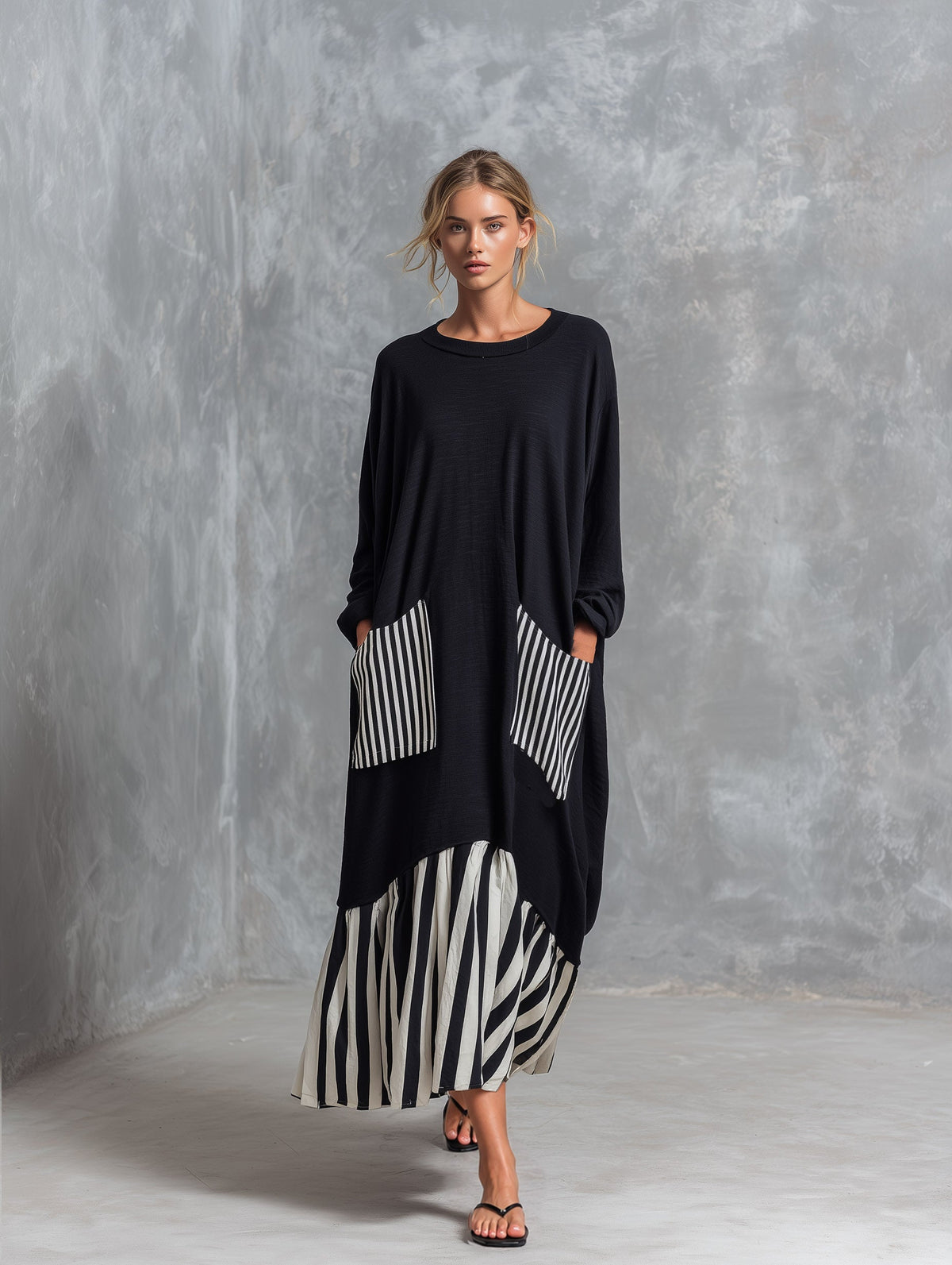 Stefania | Vestido largo negro de algodón con rayas estilo patchwork