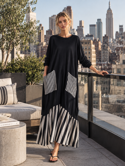 Stefania | Vestido largo negro de algodón con rayas estilo patchwork