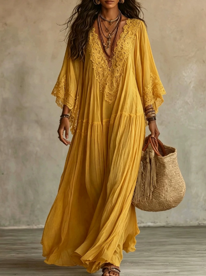 Brisa | Vestido largo ibicenco bohemio de guipur y algodón calado