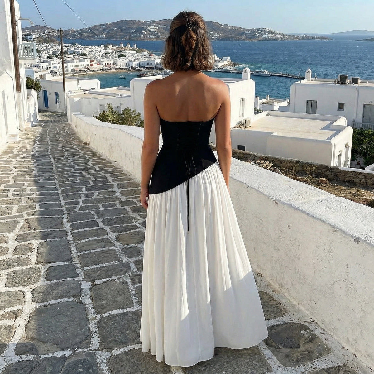 Leticia | Vestido maxi sin tirantes con falda de gasa y abertura