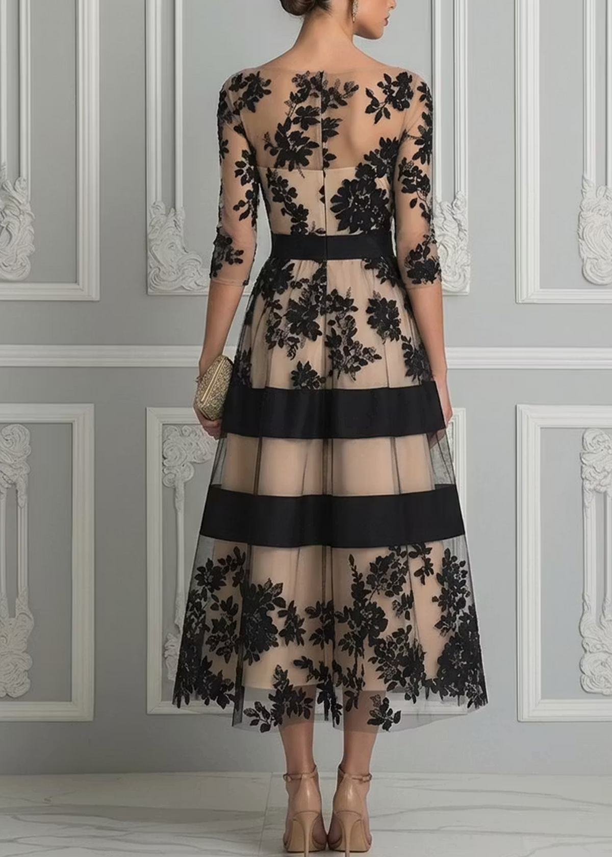 Berta | Vestido midi de encaje con falda acampanada y escote barco