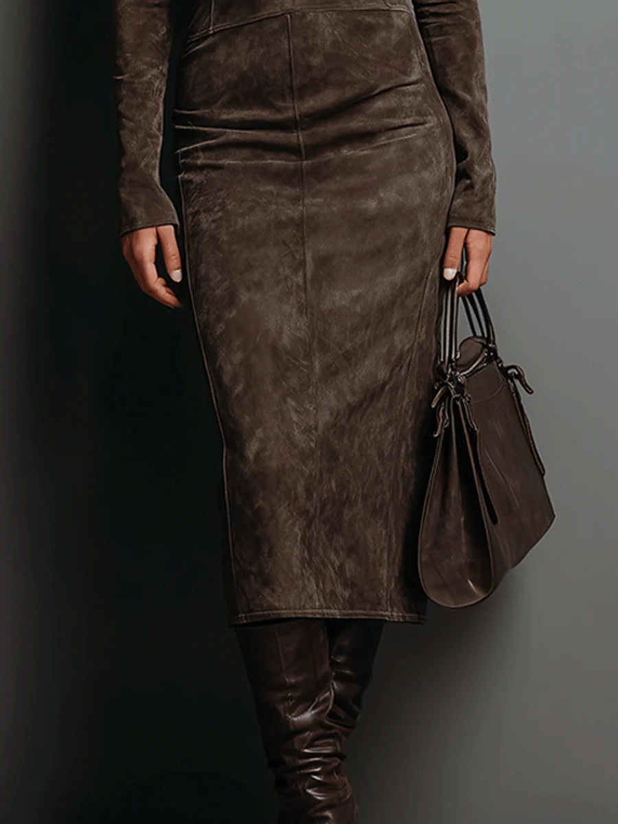 Lorena | Vestido midi marrón de efecto ante con cuello alto