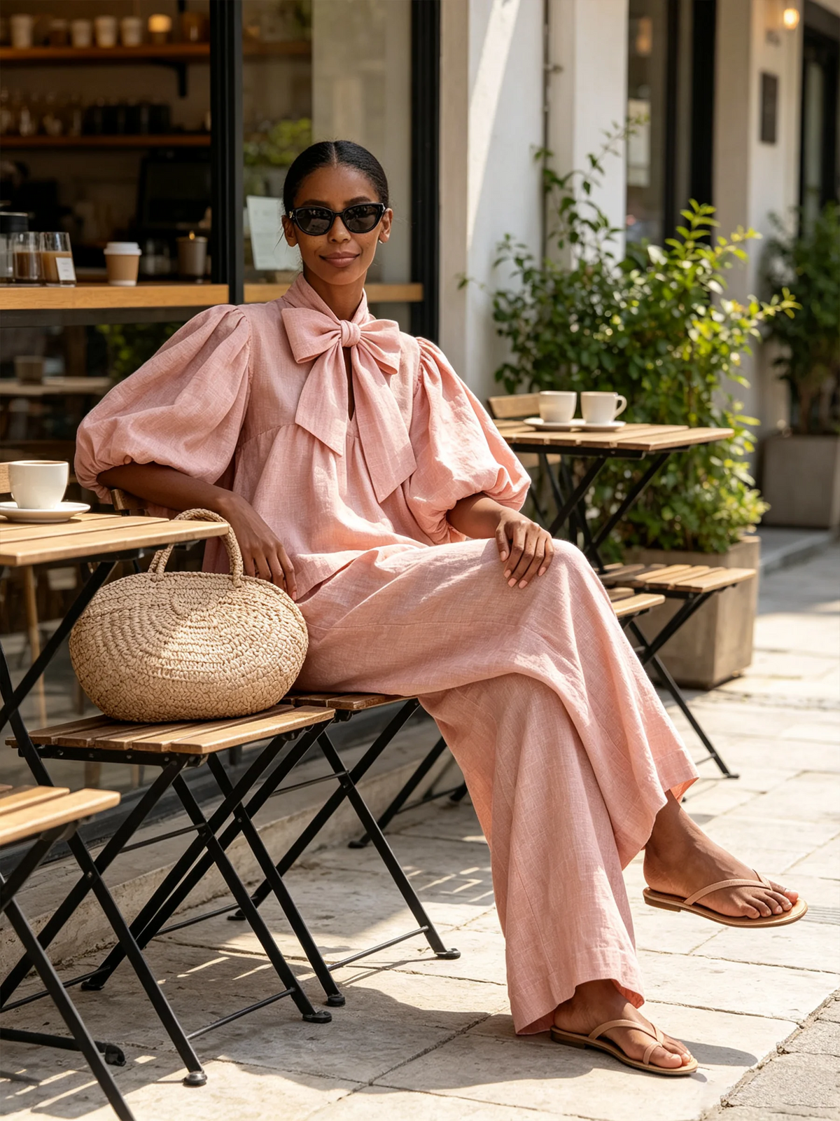 Maite | Conjunto rosa empolvado con blusa de lazo y pantalón ancho