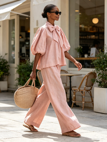 Maite | Conjunto rosa empolvado con blusa de lazo y pantalón ancho