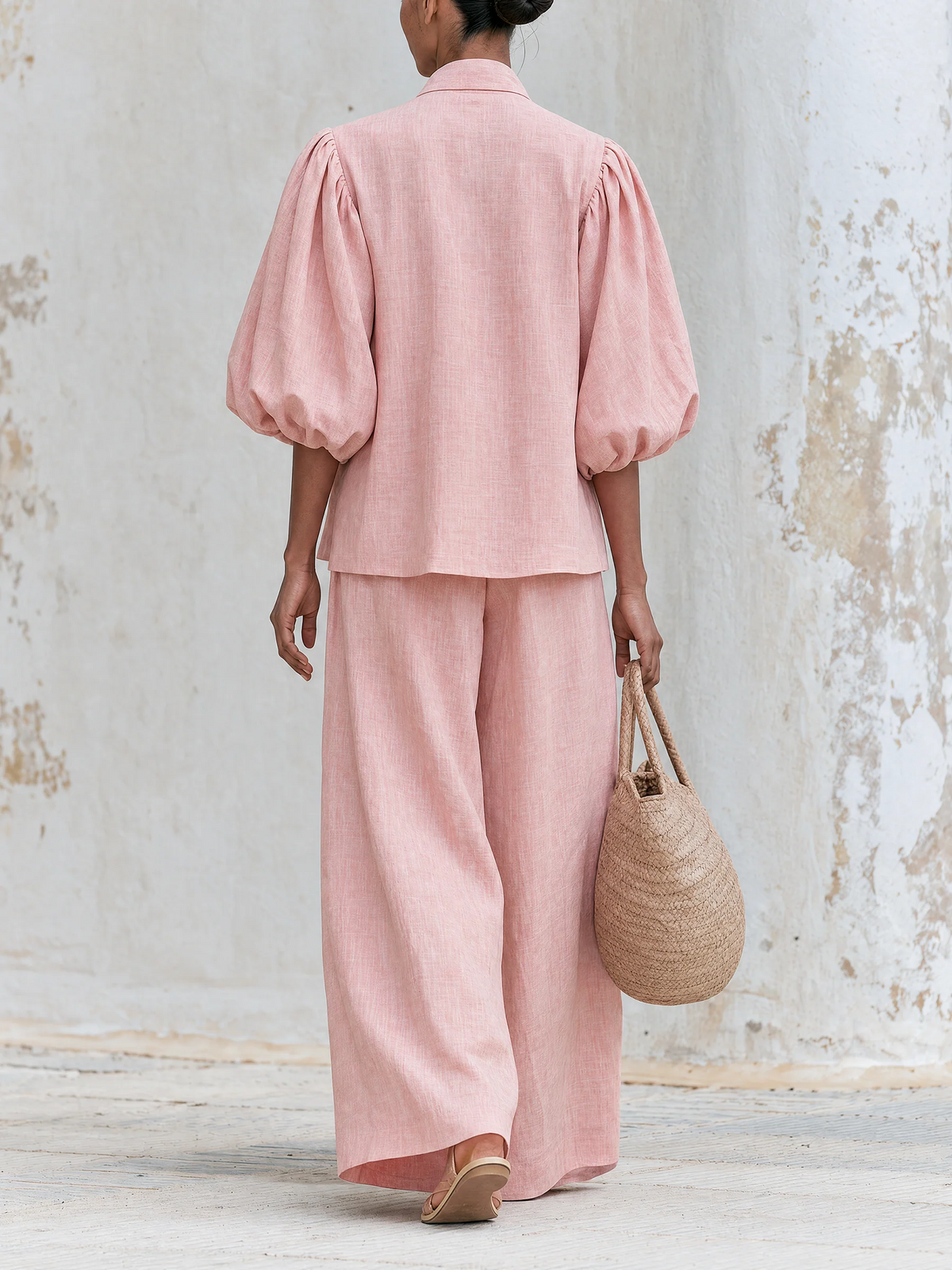 Maite | Conjunto rosa empolvado con blusa de lazo y pantalón ancho
