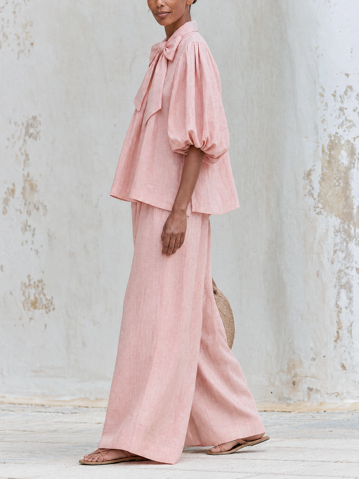 Maite | Conjunto rosa empolvado con blusa de lazo y pantalón ancho
