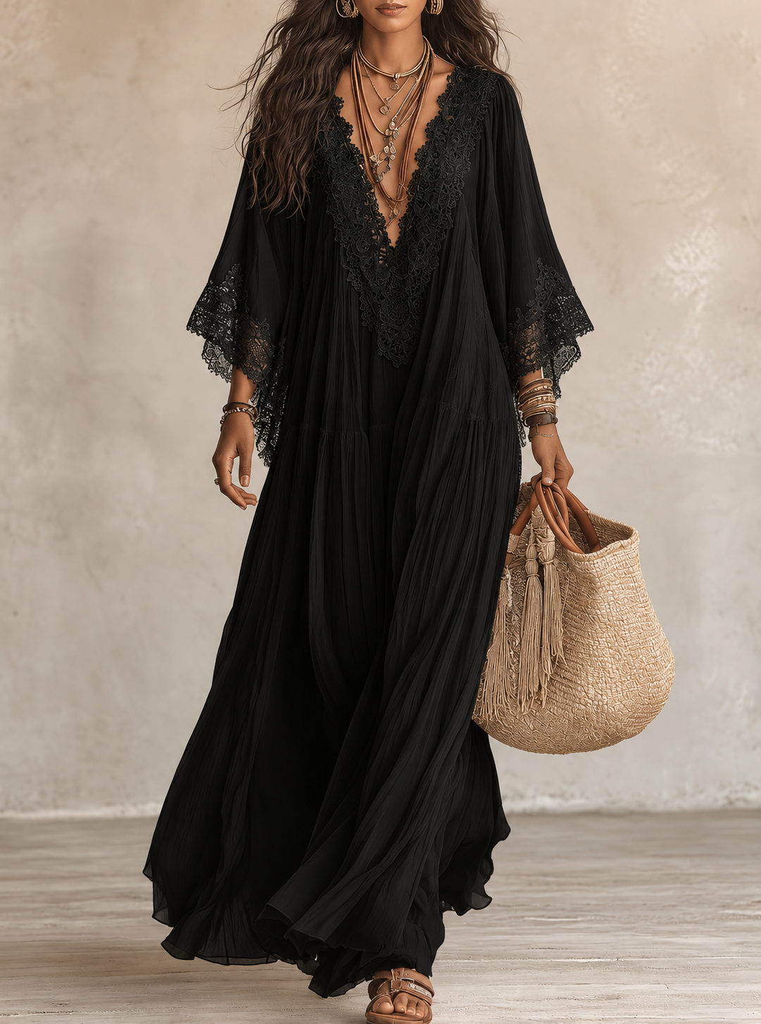 Brisa | Vestido largo ibicenco bohemio de guipur y algodón calado