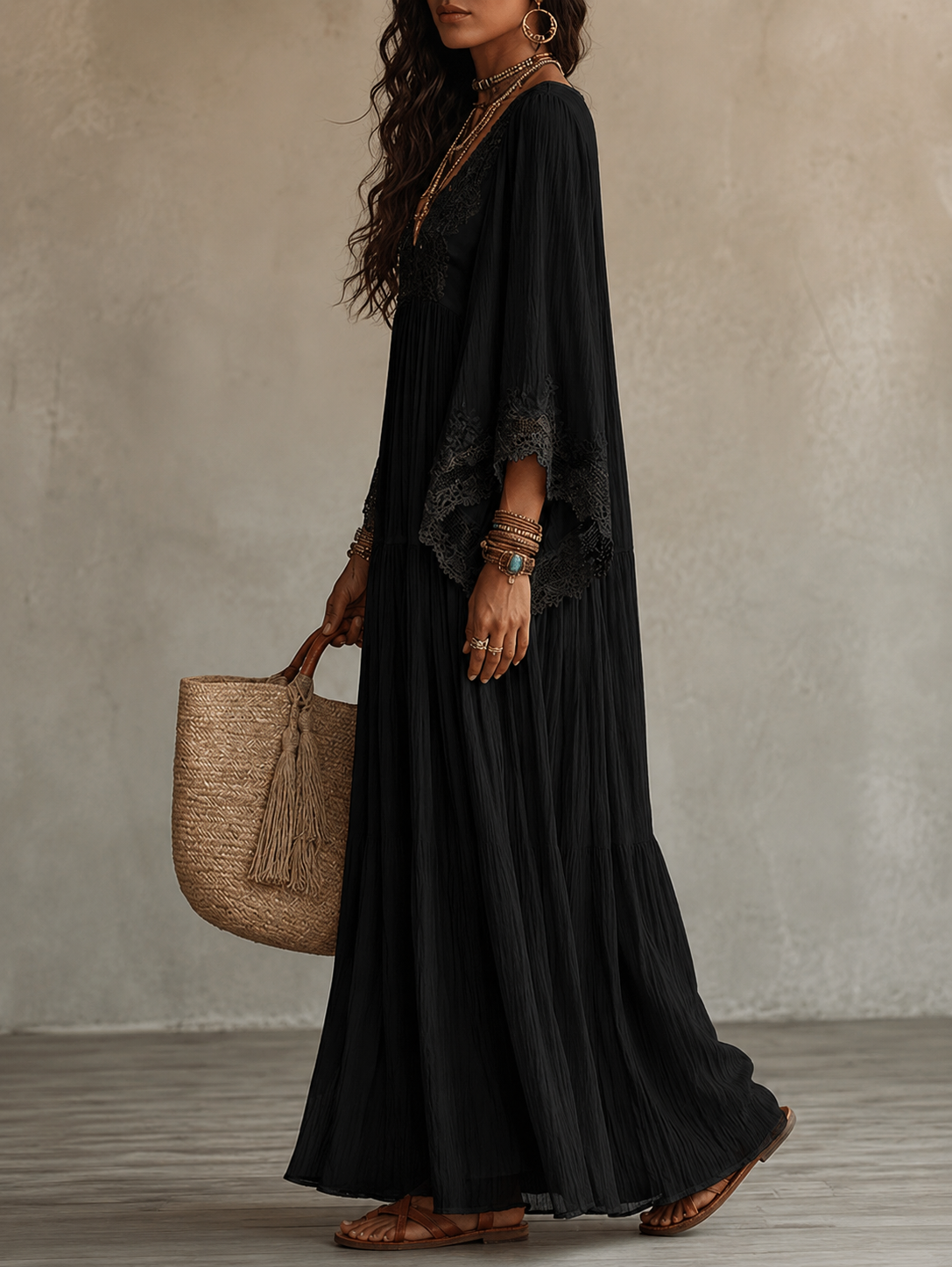 Brisa | Vestido largo ibicenco bohemio de guipur y algodón calado