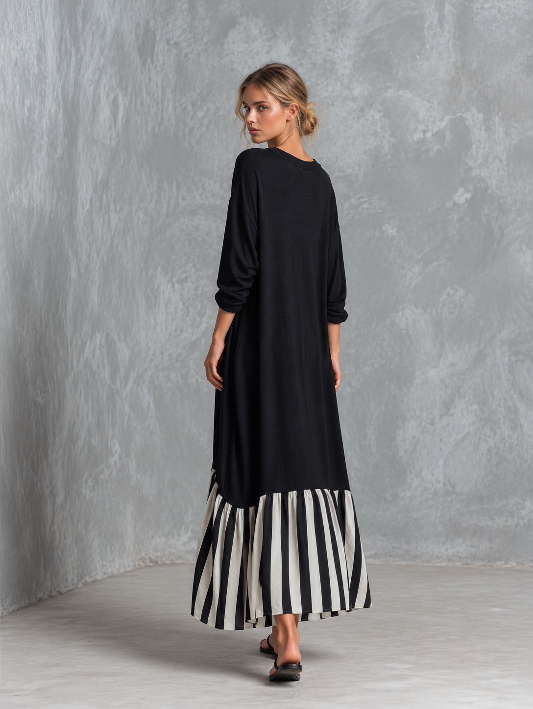 Stefania | Vestido largo negro de algodón con rayas estilo patchwork
