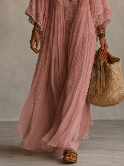 Brisa | Vestido largo ibicenco bohemio de guipur y algodón calado