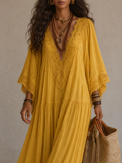Brisa | Vestido largo ibicenco bohemio de guipur y algodón calado