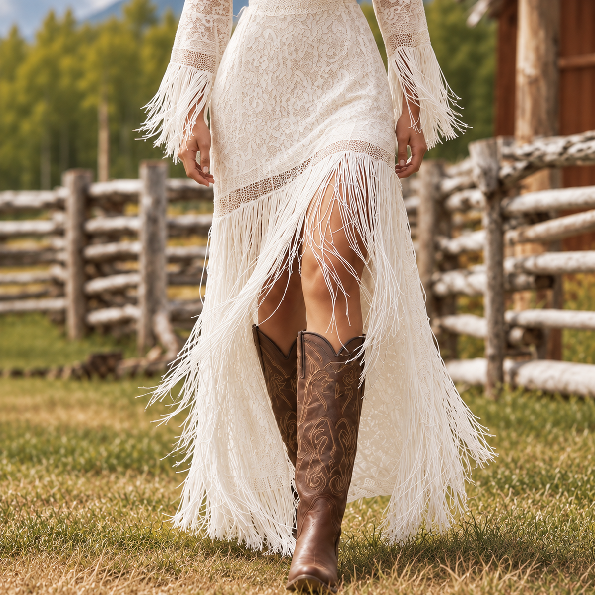 Lara | Vestido largo de encaje boho con flecos y escote en V