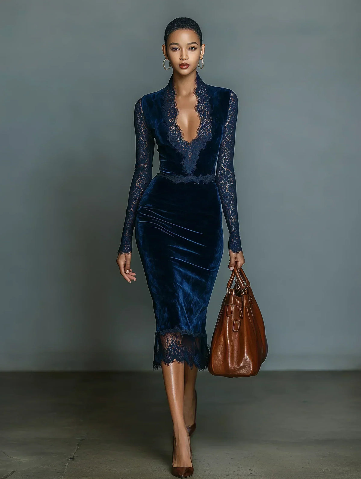 Adriana | Vestido midi de terciopelo azul noche con mangas de encaje