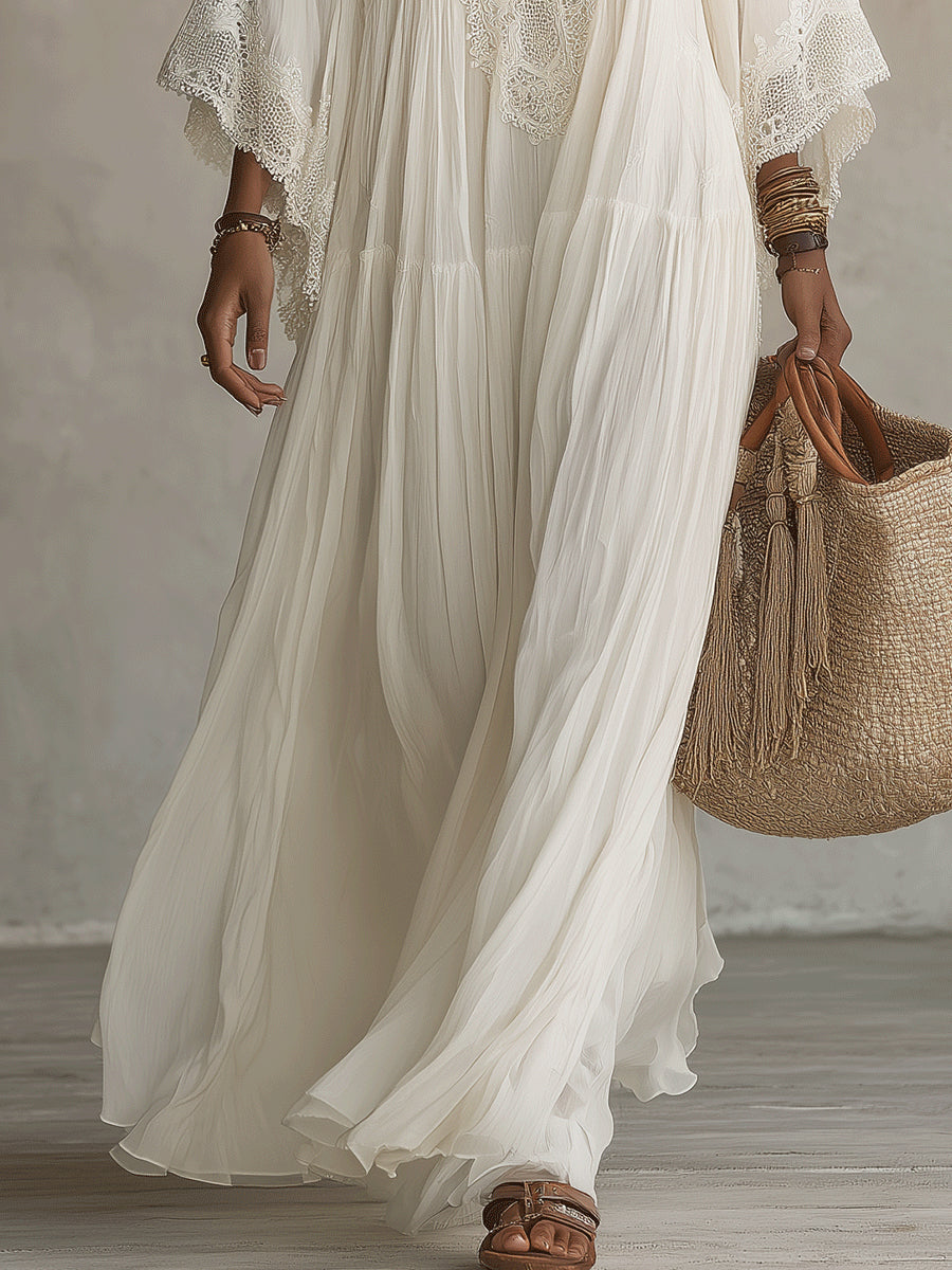 Brisa | Vestido largo ibicenco bohemio de guipur y algodón calado
