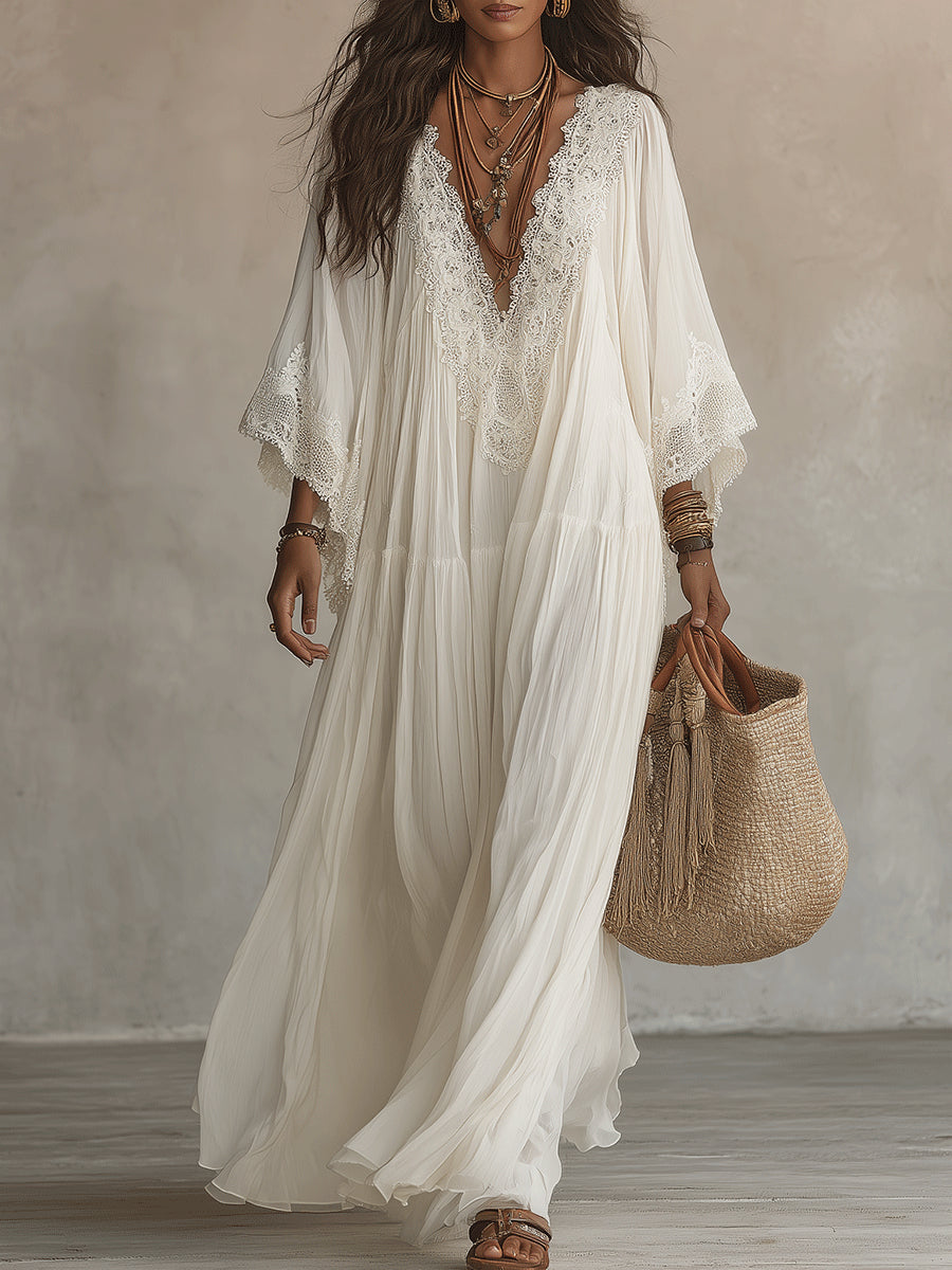 Brisa | Vestido largo ibicenco bohemio de guipur y algodón calado
