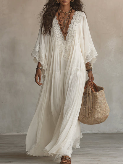 Brisa | Vestido largo ibicenco bohemio de guipur y algodón calado