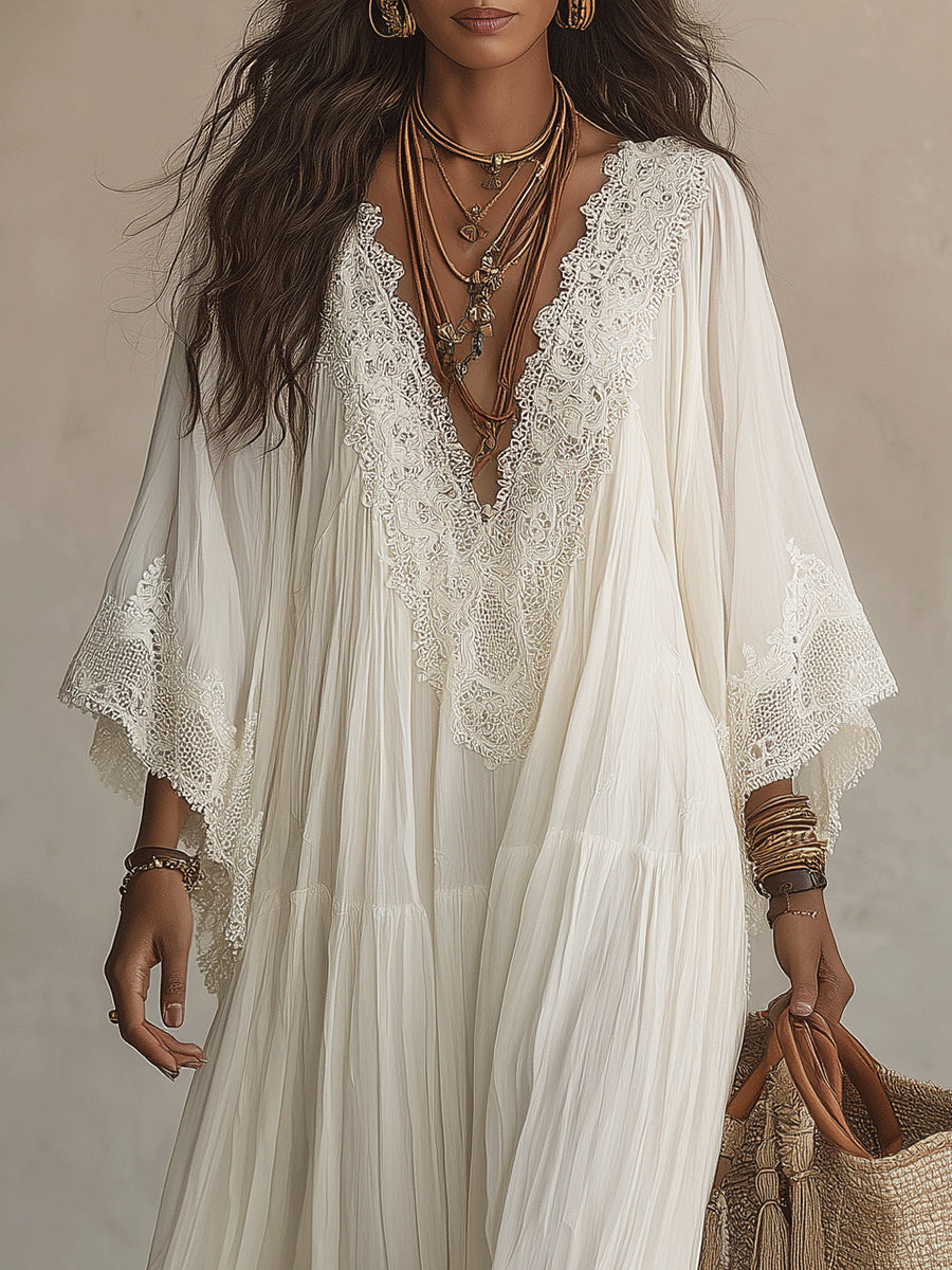 Brisa | Vestido largo ibicenco bohemio de guipur y algodón calado