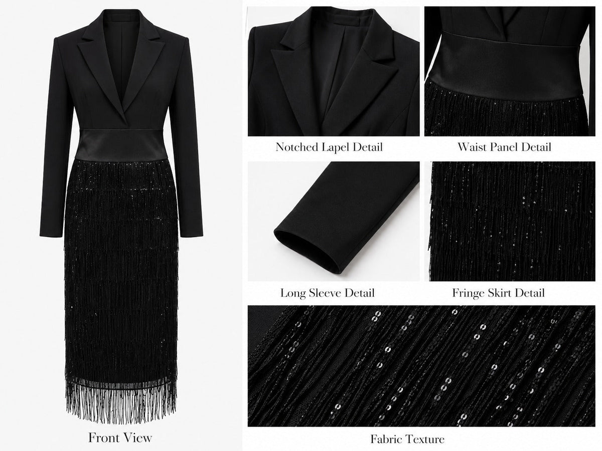 Graziana vestido midi negro con corpiño entallado, lentejuelas y flecos