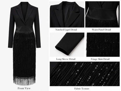 Graziana vestido midi negro con corpiño entallado, lentejuelas y flecos
