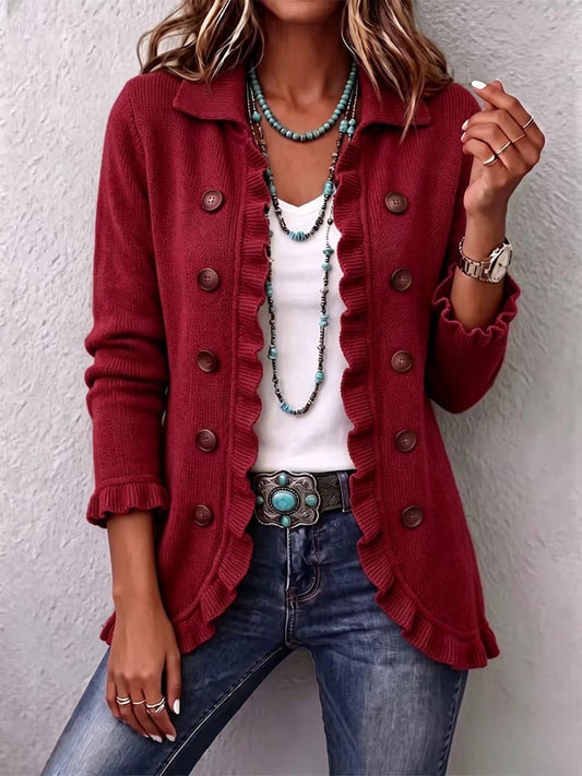 Pilar | Chaqueta de punto rojo rubí con volantes