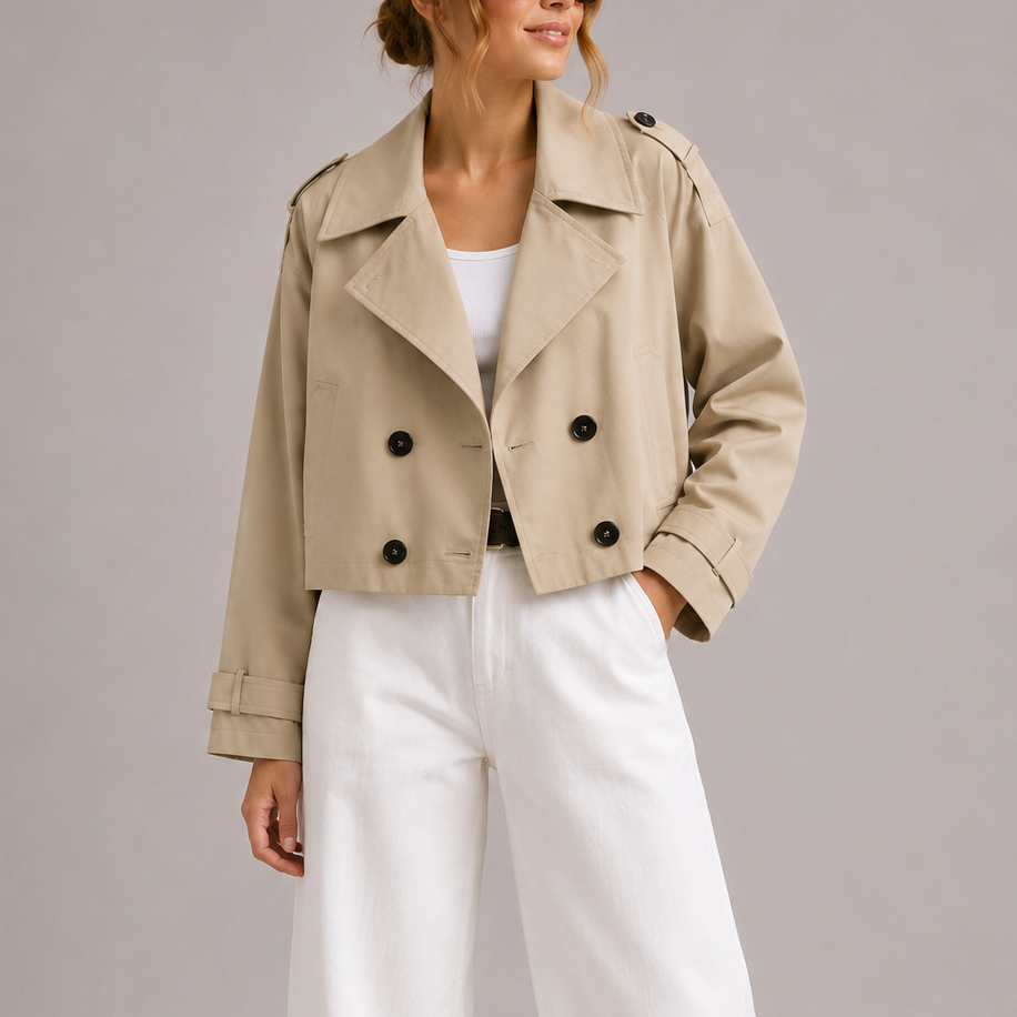 Esther | Gabardina corta con doble botonadura y solapas