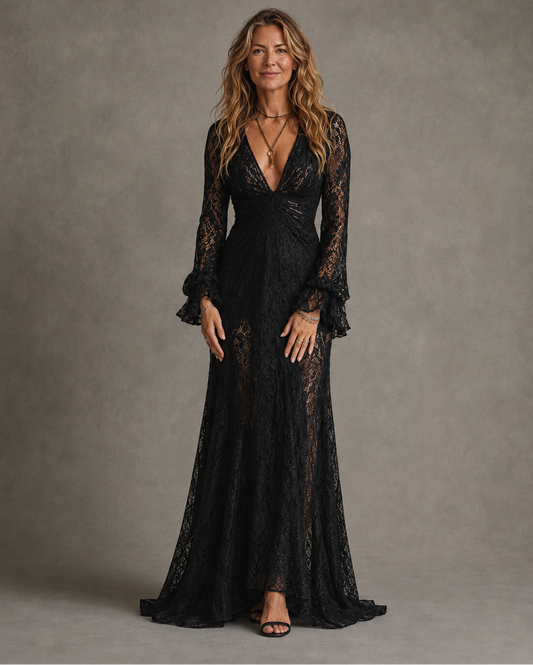 Charlotte | Vestido largo de encaje con escote en V y manga campana