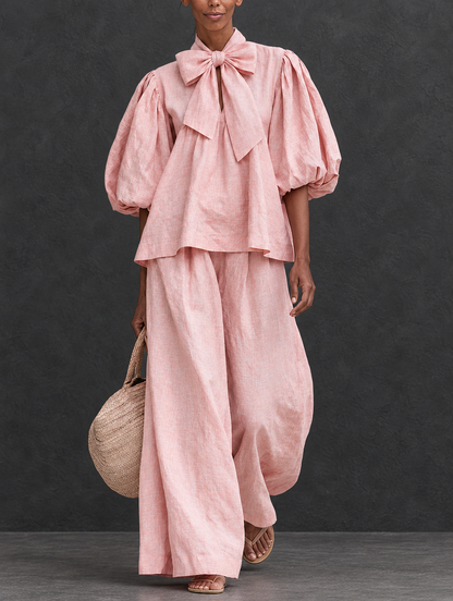 Maite | Conjunto rosa empolvado con blusa de lazo y pantalón ancho