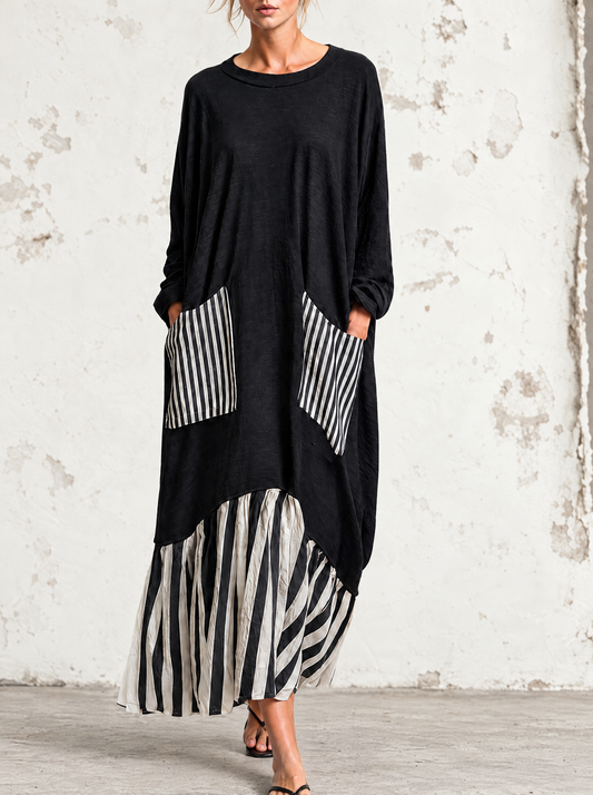 Stefania | Vestido largo negro de algodón con rayas estilo patchwork