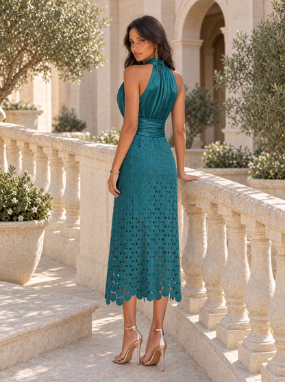 Candela | Vestido midi de invitada cuello alto y falda de encaje calado