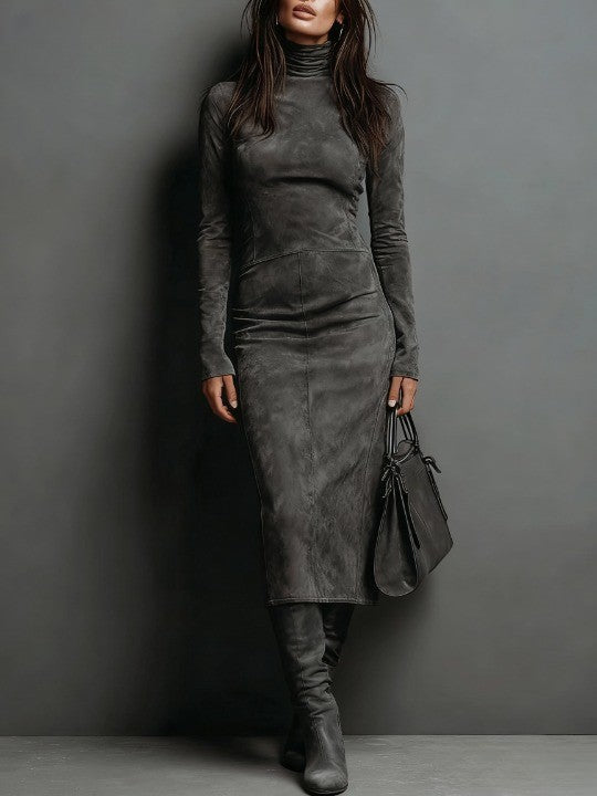 Lorena | Vestido midi marrón de efecto ante con cuello alto