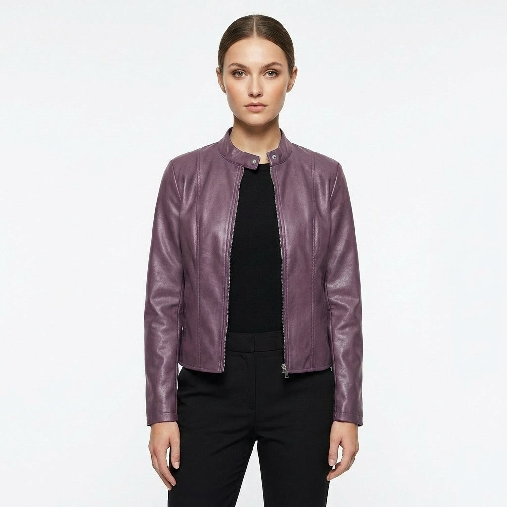 Laia | Chaqueta biker de cuero mujer ajustada cuello mao