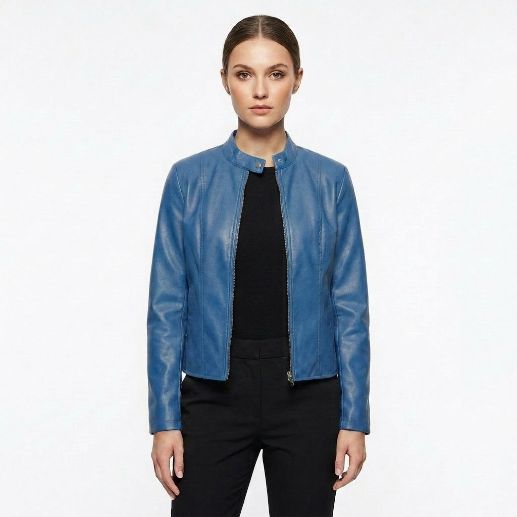 Laia | Chaqueta biker de cuero mujer ajustada cuello mao