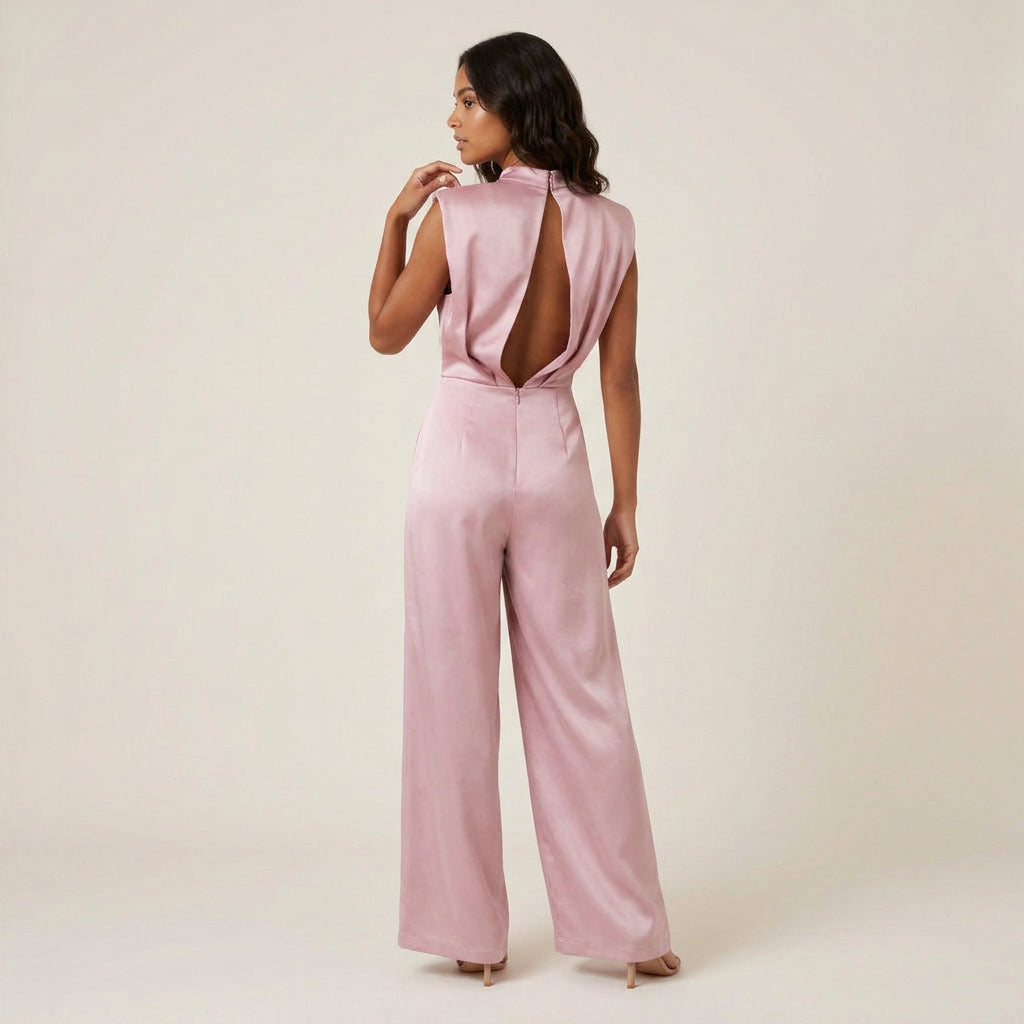 Mono de Fiesta Efecto Satén Cuello Alto Pierna Ancha para Mujer