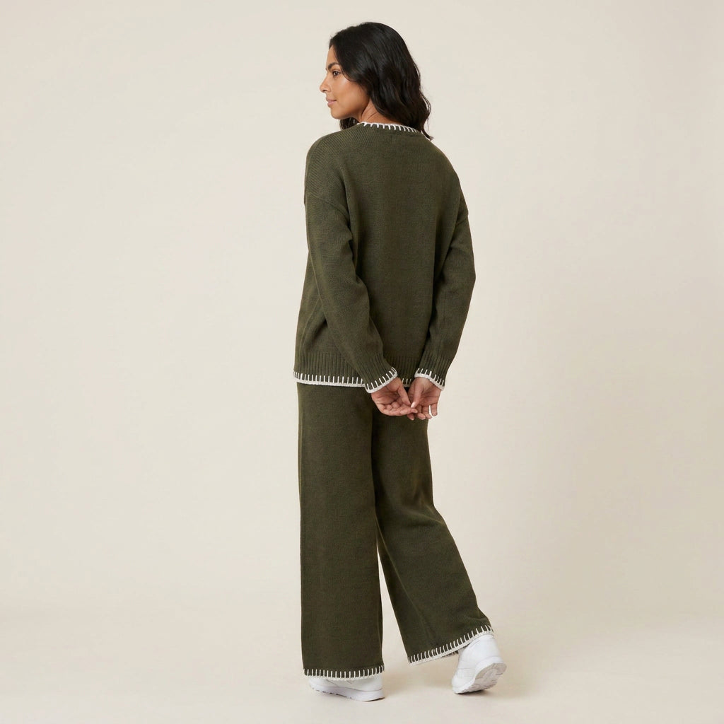 Conjunto de Punto Canalé con Detalle Contrastante para Mujer