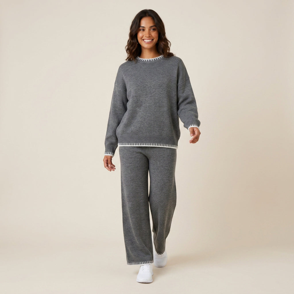 Conjunto de Punto Canalé con Detalle Contrastante para Mujer