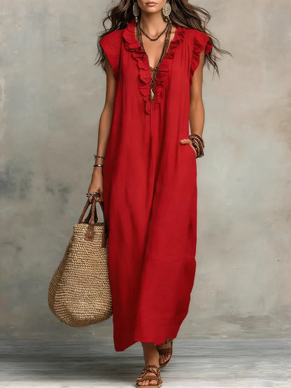 Camelia | Vestido largo bohemio con escote en V y volantes