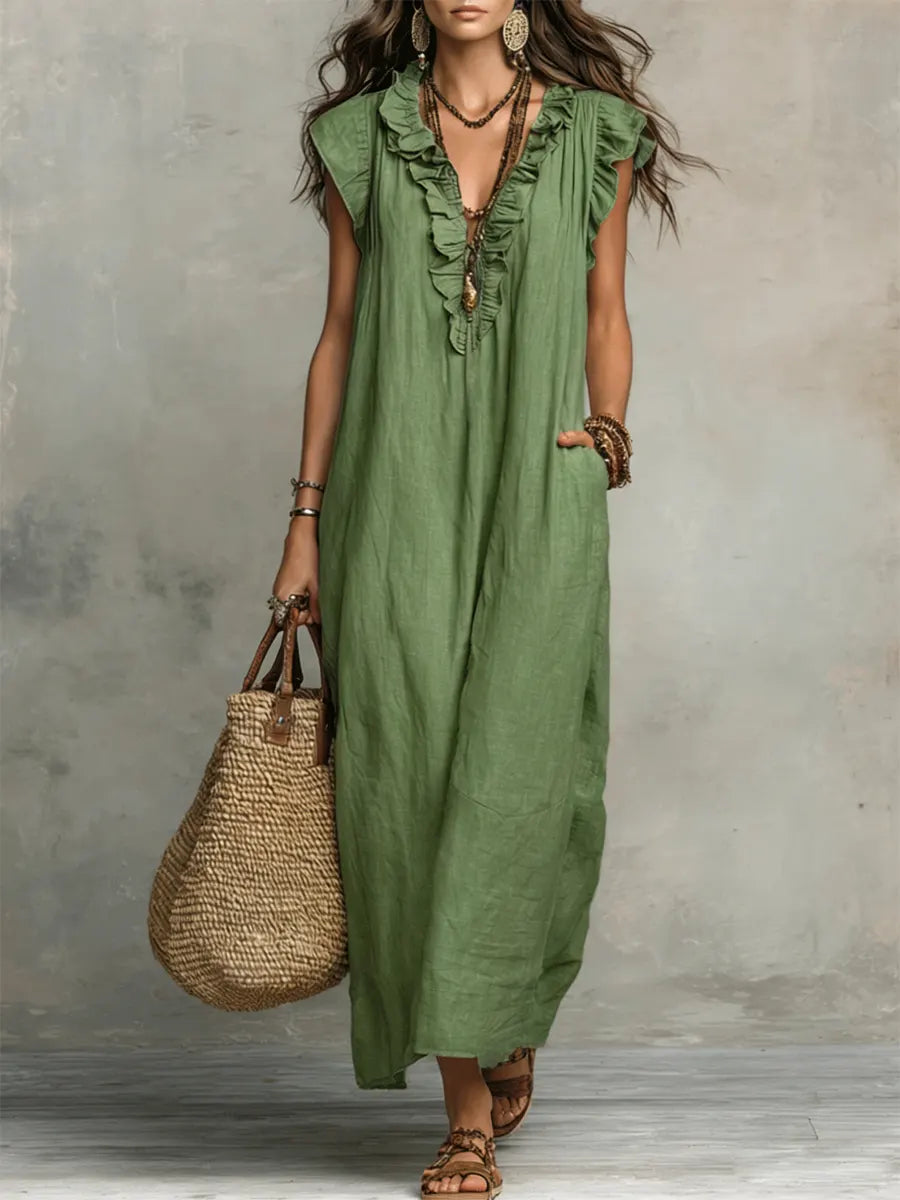Camelia | Vestido largo bohemio con escote en V y volantes
