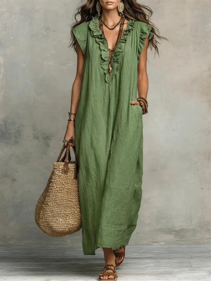 Camelia | Vestido largo bohemio con escote en V y volantes