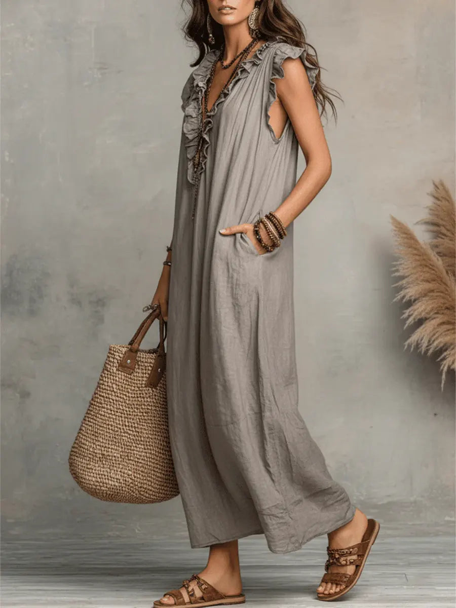Camelia | Vestido largo bohemio con escote en V y volantes