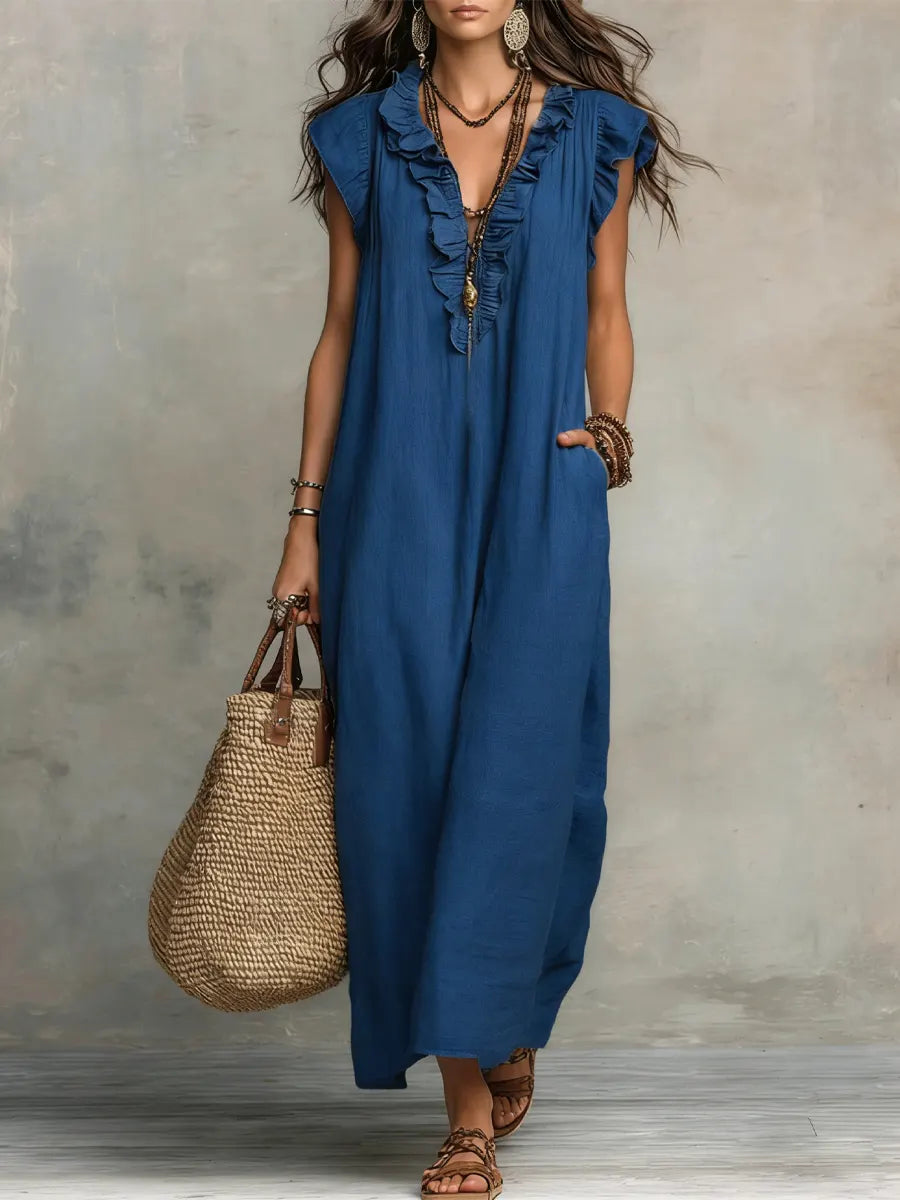 Camelia | Vestido largo bohemio con escote en V y volantes