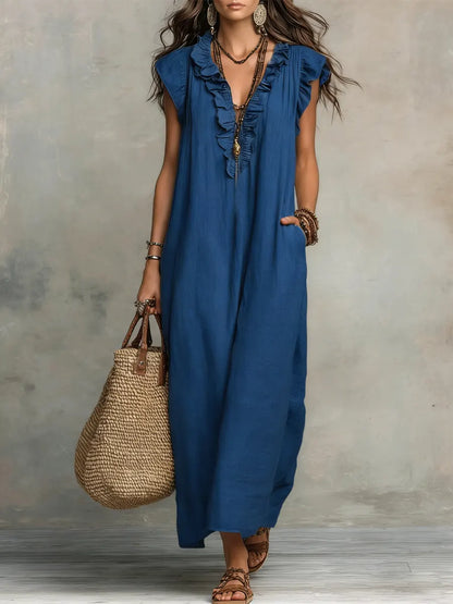 Camelia | Vestido largo bohemio con escote en V y volantes