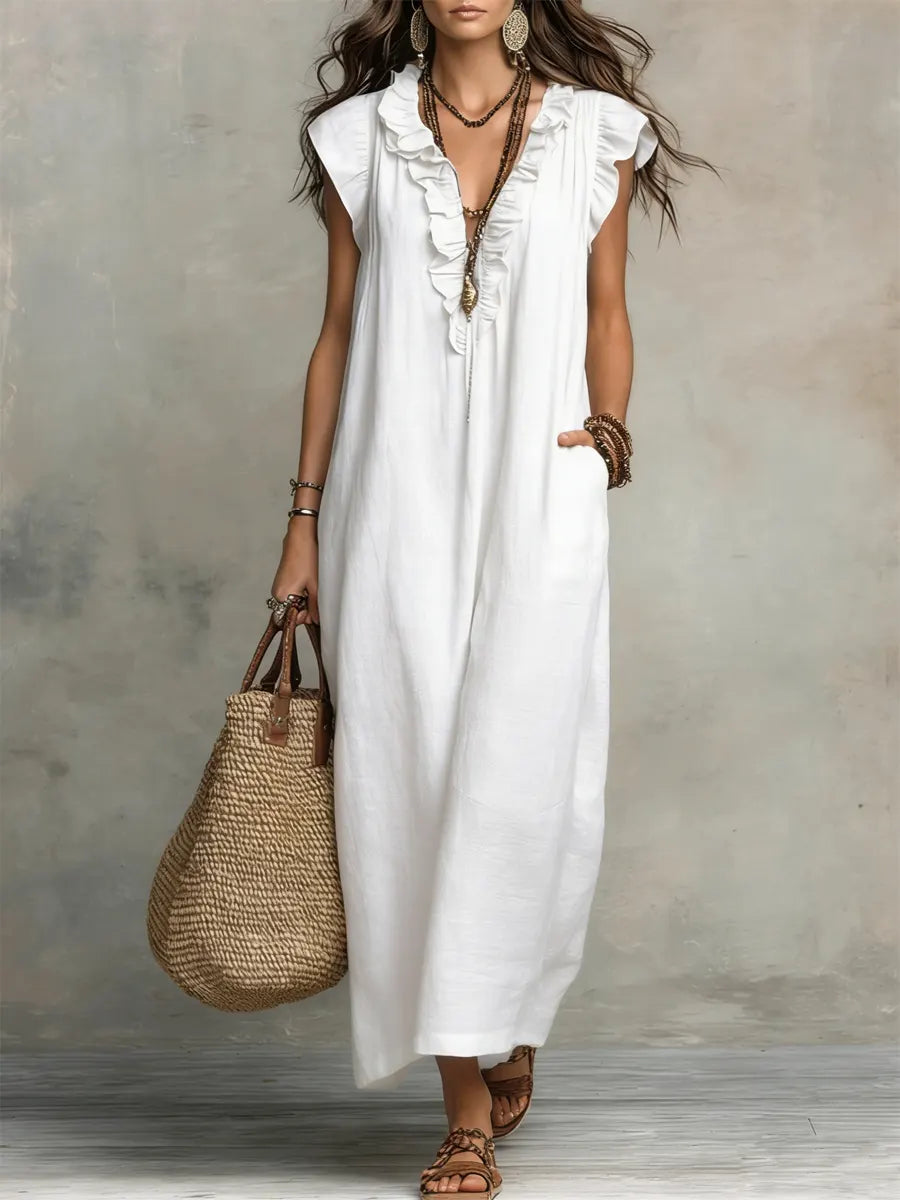 Camelia | Vestido largo bohemio con escote en V y volantes