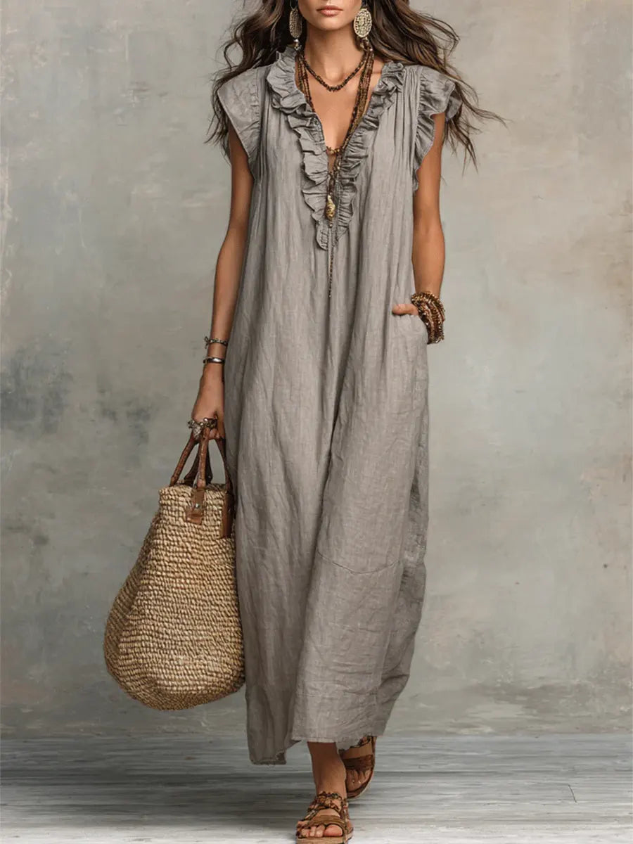 Camelia | Vestido largo bohemio con escote en V y volantes