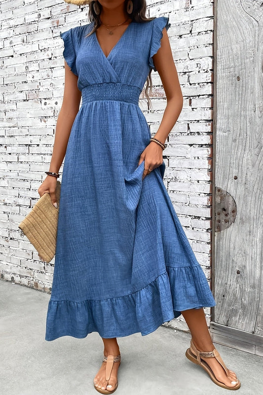 Uxía | Vestido largo con volantes, escote en V y cintura fruncida